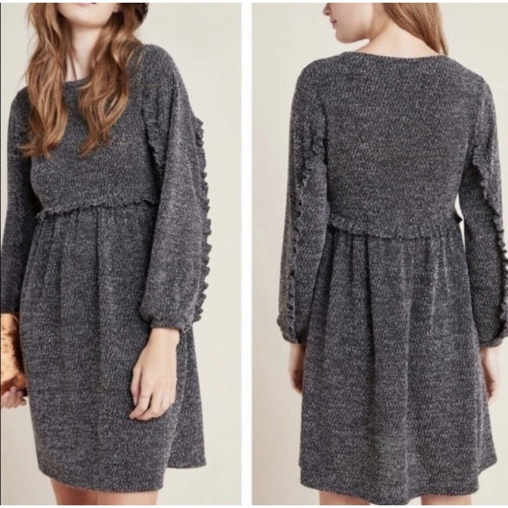 RO+DE Anthropologie Stella Marled Knit Gray Sweater Dress Balloon Slv Ruffle S - Picture 2 of 6